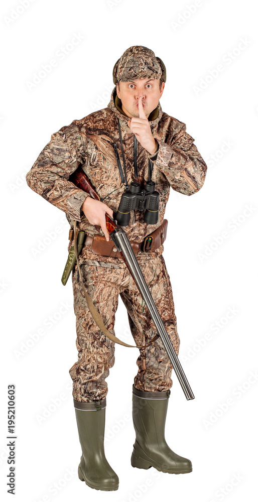Full length portrait of a male hunter with double barreled shotgun Isolated on white background. hunting and people concept. Full length portrait of a male hunter with double barreled shotgun Isolated on white background. hunting and people concept.