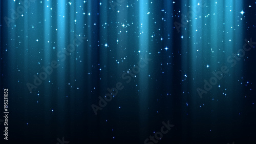 Blue background with rays of light, sparkles, northern lights, night starry sky