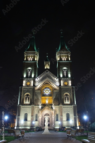 Night view of the neo-romanesque architecture of the Millennium St. Mary Church in Timisoara, Timis county, Romania