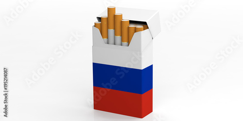 Smoking, cigarettes Russia. Russian flag on a cigarette pack isolated on white background. 3d illustration