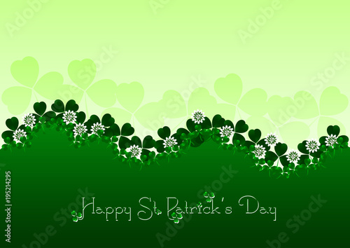 Holiday card with green shamrocks and white flowers of clover on green background for St. Patrick's Day in March 17. Vector illustration