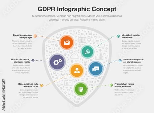 European GDPR infographic concept with shield symbol filled with small icons isolated on light background. Easy to use for your website or presentation.