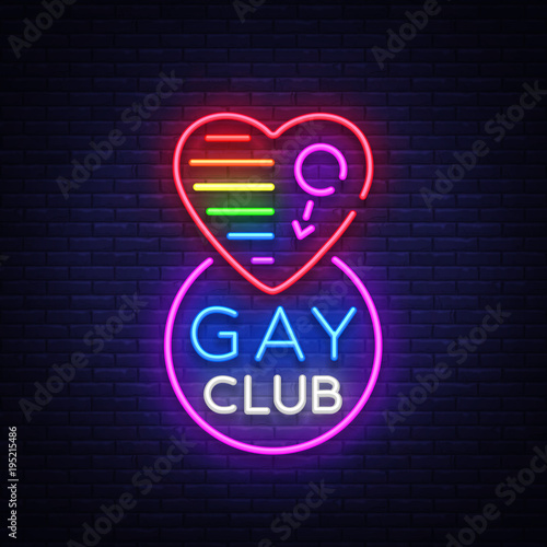 Gay club neon sign. Logo in neon style, light banner, billboard, night bright advertising for gay club, lgbt, party, gay society. Same-sex love. Design template. Vector illustration