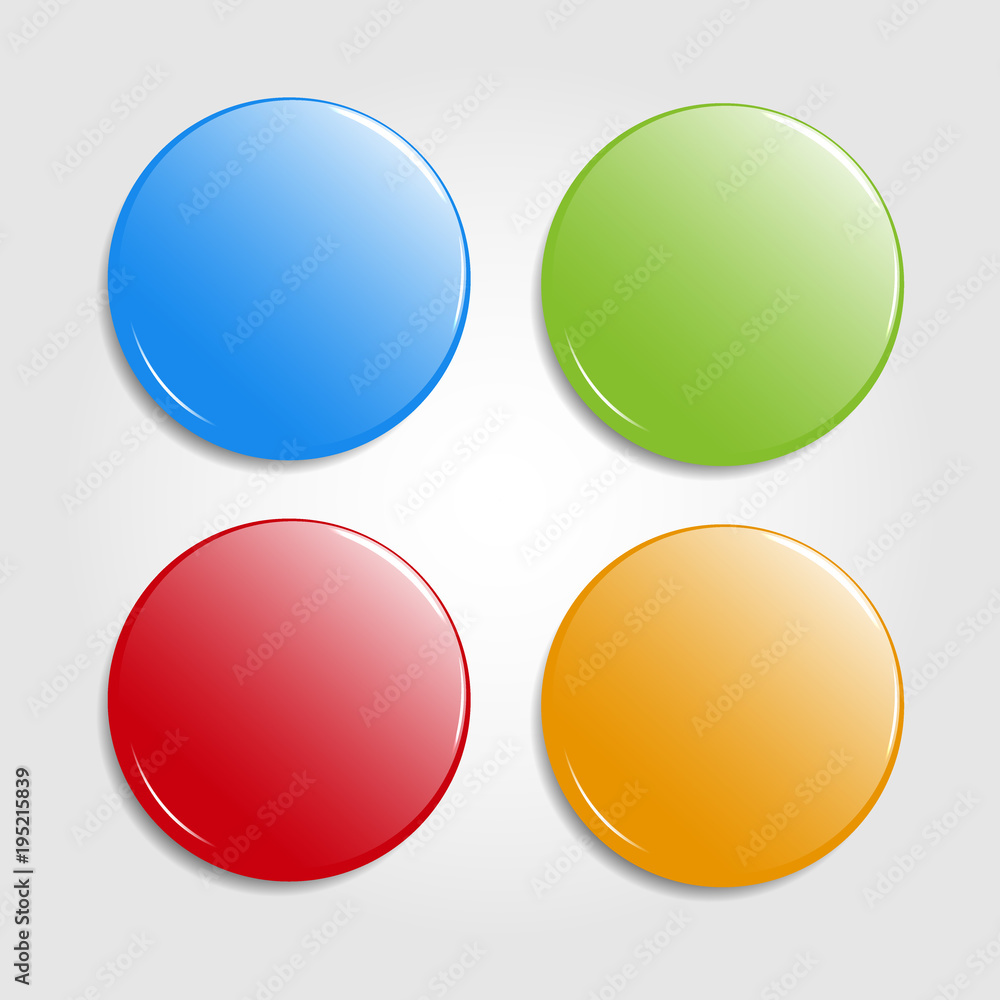 Set of round colorfull web buttons isolated on light background. Glossy badges, magnets. Vector Illustration. Set of round colorfull web buttons isolated on light background. Glossy badges, magnets. Vector Illustration.