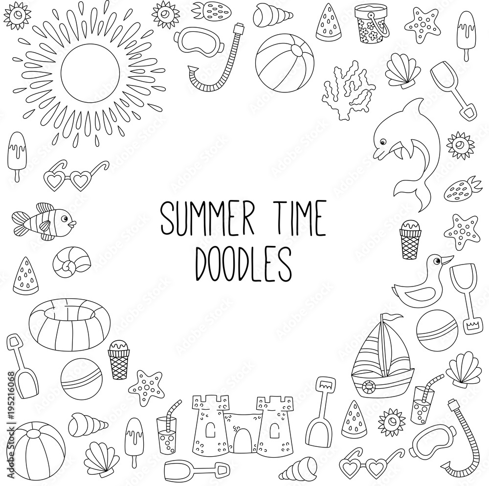 Summertime beach vacation doodle icons line frame border