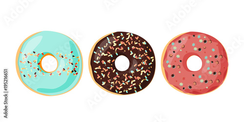 Set of glazed colored donuts with icing sprinkles. Vector illustration.