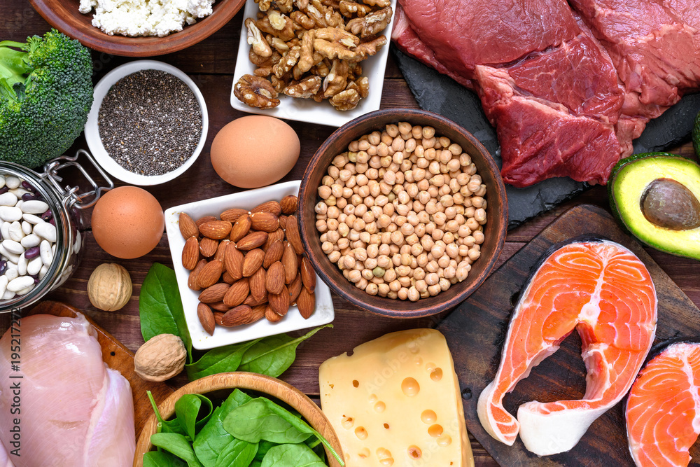 Plakat Pokarmy wysokobiałkowe - ryby, mięso, drób, orzechy, jajka i warzywa. zdrowe odżywianie i koncepcja diety