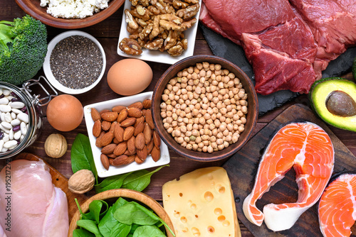 High protein food - fish, meat, poultry, nuts, eggs and vegetables. healthy eating and diet concept
