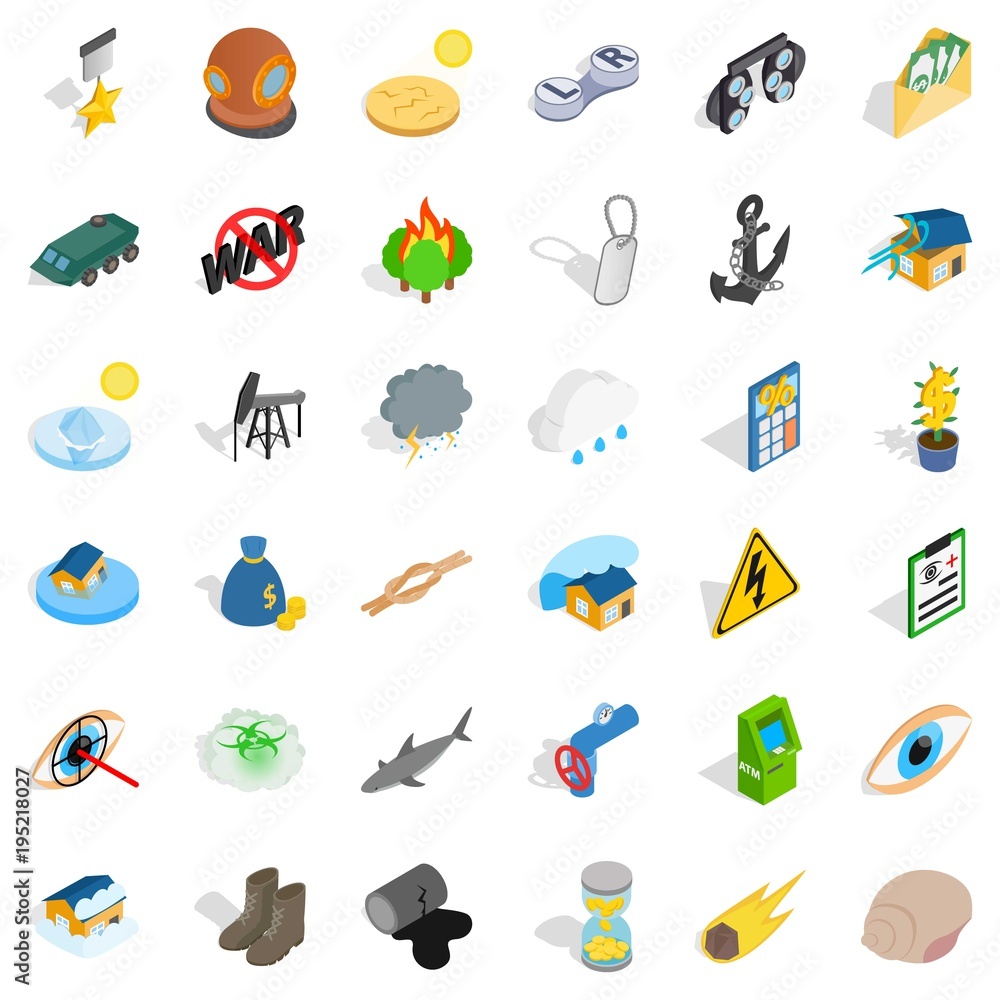 Ruinous war icons set, isometric style Ruinous war icons set, isometric style