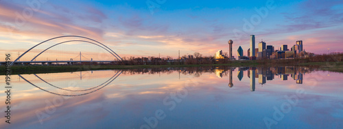 Dallas Skyline Reflection on Trinity River During Sunset, Dallas, Texas. photo