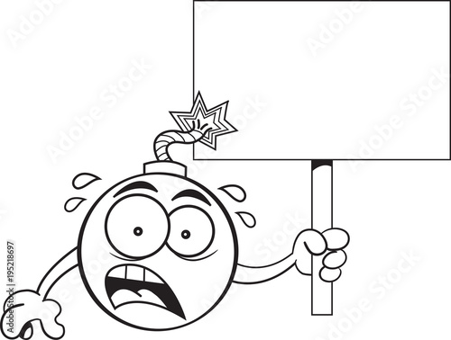 Black and white illustration of a worried bomb with a lit fuse holding a sign.