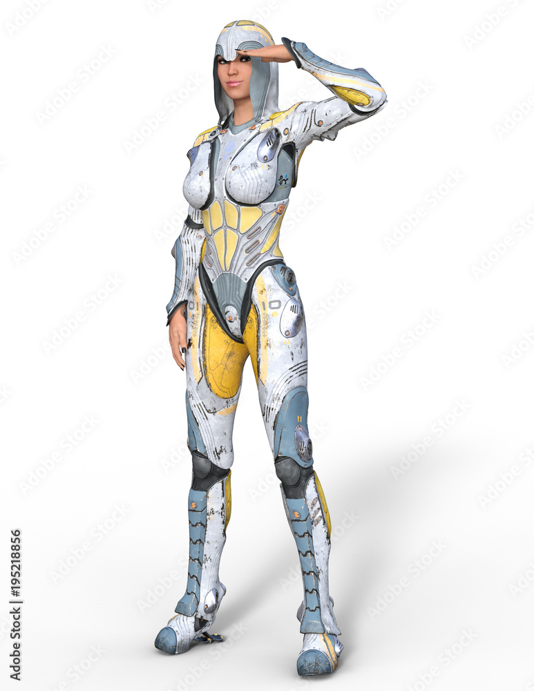 Sexy Female Science Fiction Character Giving Salute 3D Rendering Sexy Female Science Fiction Character Giving Salute 3D Rendering