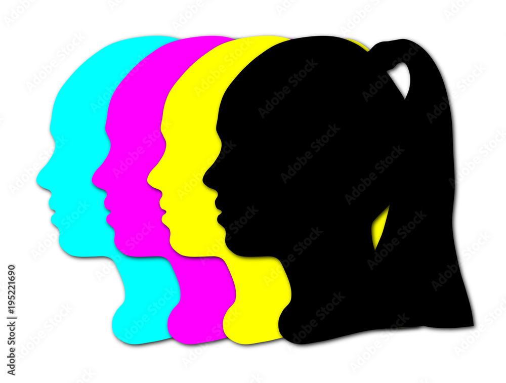 Silhouette of a girl's head, cmyk colors