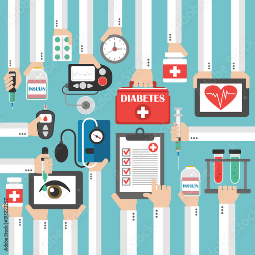 Medical diabets flat design set. Isolated vector illustration