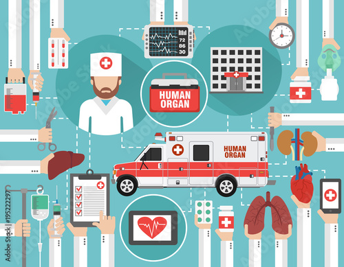 Medical infographic concept flat with car human organ ,hospital and doctor isolated vector illustration