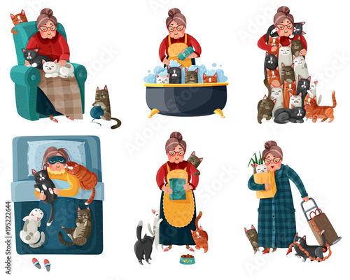Lonely Lady With Cats Set 