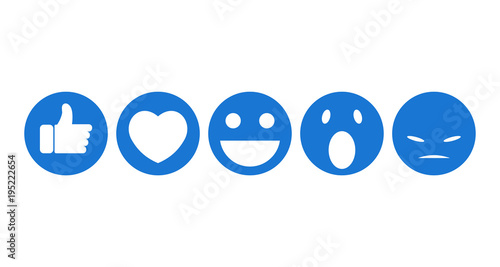 Funny flat style emoji. Set of white icons in blue circle. 