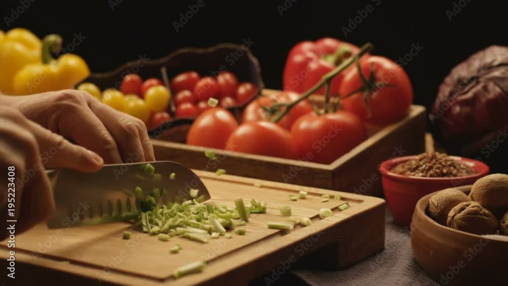 Cook cuts greens on a cutting board close-up Cook cuts greens on a cutting board close-up