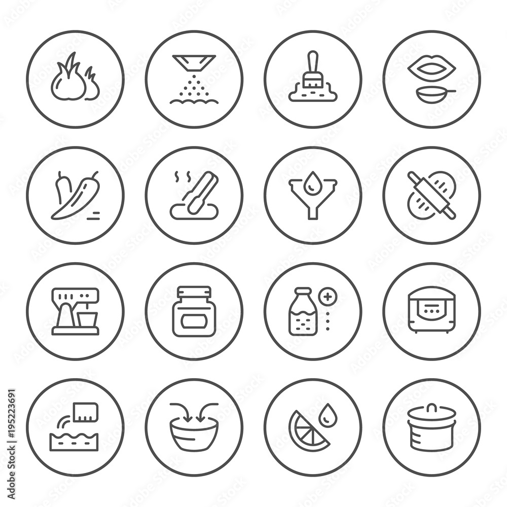Fototapeta premium Cooking related set round line icons