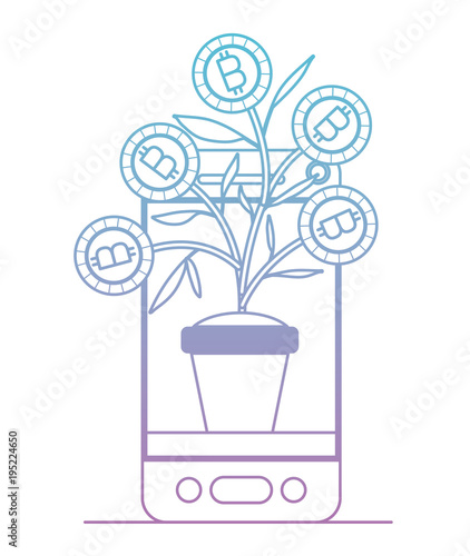 smartphone with plant of bitcoins icon vector illustration design