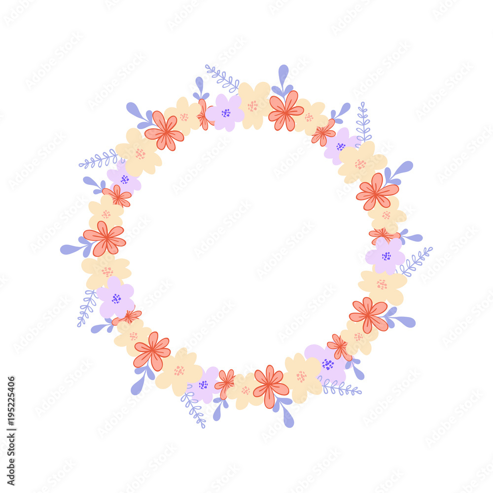 Round frame with wild flowers, herbs and leaves isolated on white background. For design, greeting cards, wedding, posters