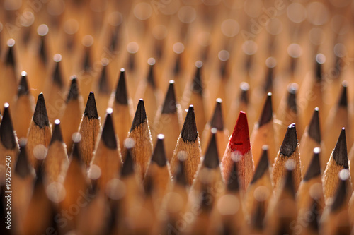 Identical black graphite pencils and one red pencil