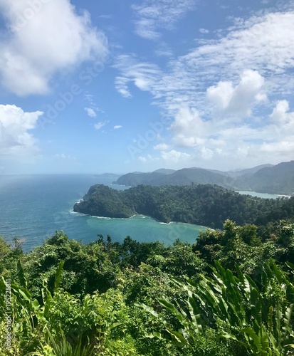 Beautiful Maracas Lookout Point with lush greenery and turquoise ocean on the Caribbean island of Trinidad & Tobago