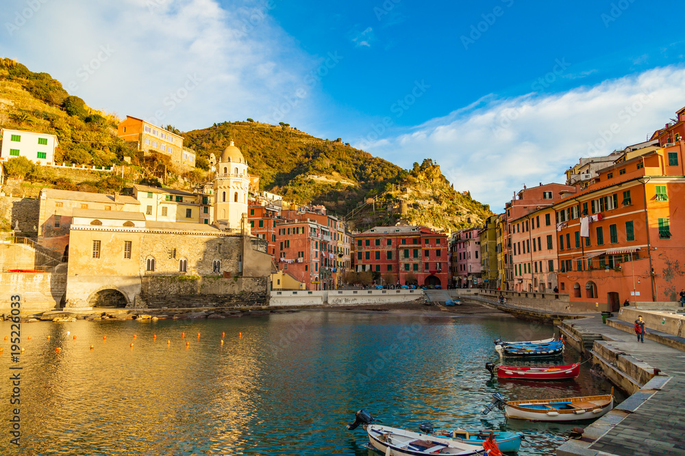 VERNAZZA, ITALY - DECEMBER 22, 2017:  Vernazza village center with church and houses at down, Cinque Terre national park, Liguria, Italy.