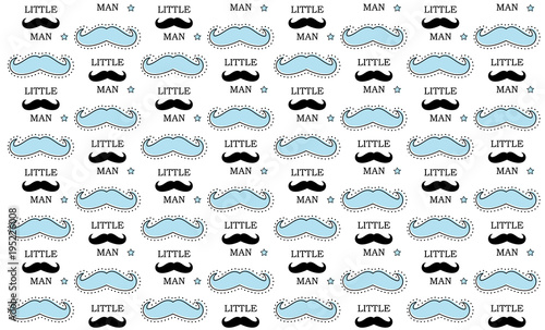 Mustache kids background. Little man first birthday party ( Baby shower) Boy seamless pattern. Vector illustration blue black silhouette on white. Cute template for wrapping paper, fabric, invitation