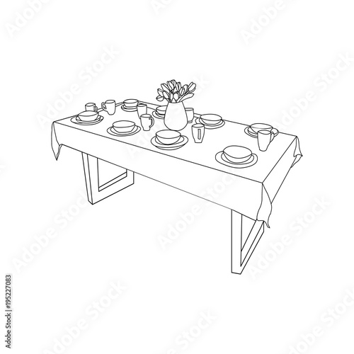 isolated table and tableware, on the table vase of tulips flowers
