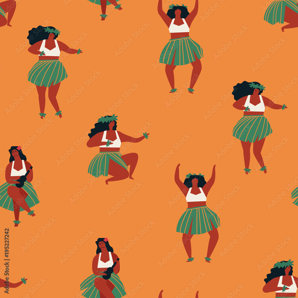 Fototapeta premium Hawaiian Hula dance girls dancing and playing guitar seamless pattern