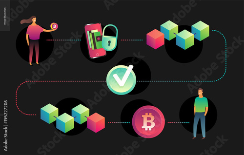 Blockchain concept vector illustration - scheme showing the cryptocurrency transaction processing and user connection