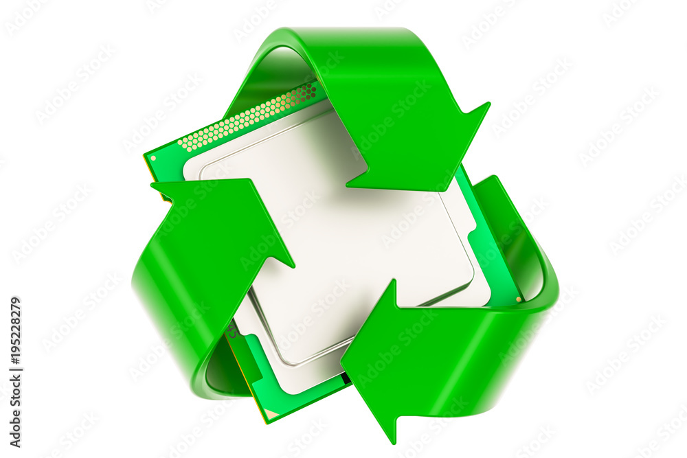 Obraz premium Green recycle symbol with CPU computer processor unit, 3D rendering