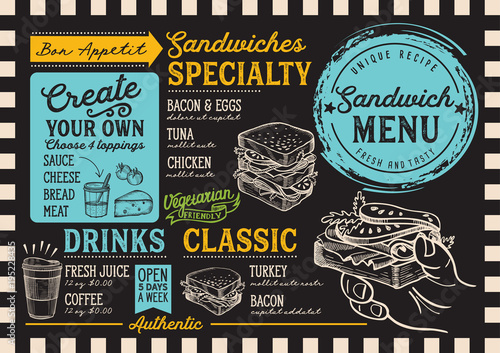 Sandwich restaurant menu. Vector food flyer for bar and cafe. Design template with vintage hand-drawn illustrations.