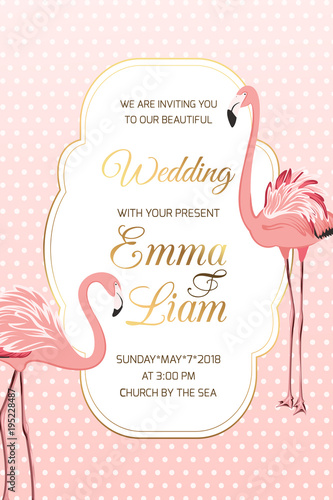 Exotic flamingo wading birds couple on pink white polka dot background. Wedding marriage event invitation card template. Luxury shining golden gradient vintage border frame and text placeholder.