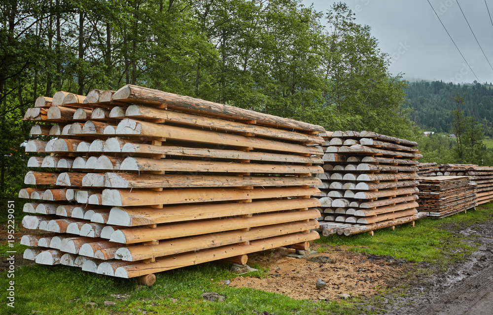 Wooden boards, lumber, industrial wood, timber.