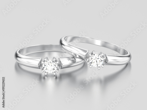 3D illustration two white gold or silver engagement solitaire double prong basket diamond rings