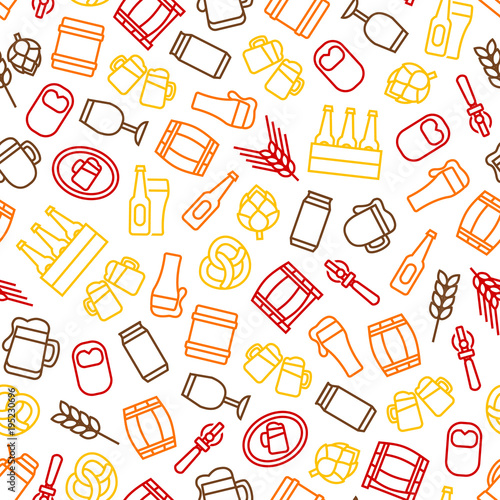 Beer Alcohol Drink Thin Line Seamless Pattern Background. Vector