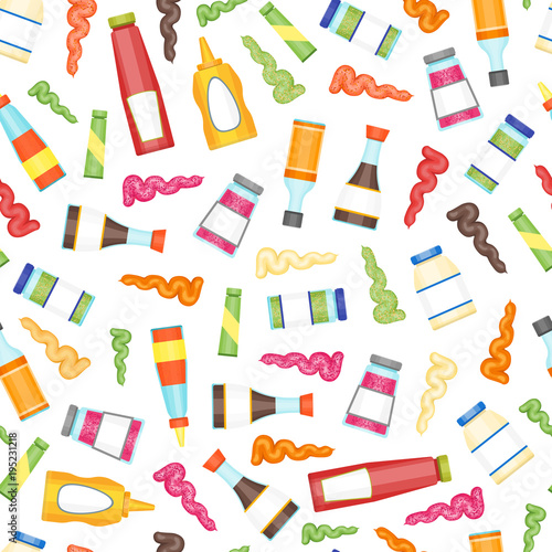 Cartoon Sauces Bottle Seamless Pattern Background. Vector