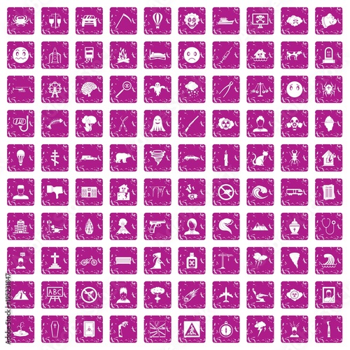 100 phobias icons set grunge pink
