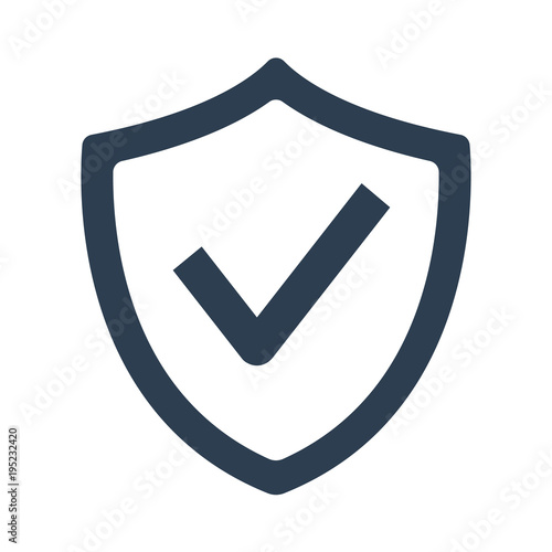 Shield with check mark icon on white background.