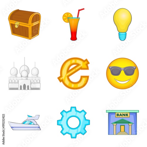 Material prosperity icons set, cartoon style