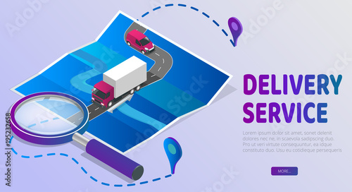 Delivery Website Banner. Delivery service app with map background. Isometric style vector illustration.