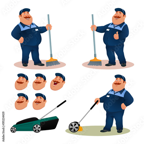 Funny cartoon janitor set with emotions. Smiling fat character gardener in blue suit sweeping floor with broom. Happy flat cleaner with lawn mower and face expressions. Colorful vector illustration.