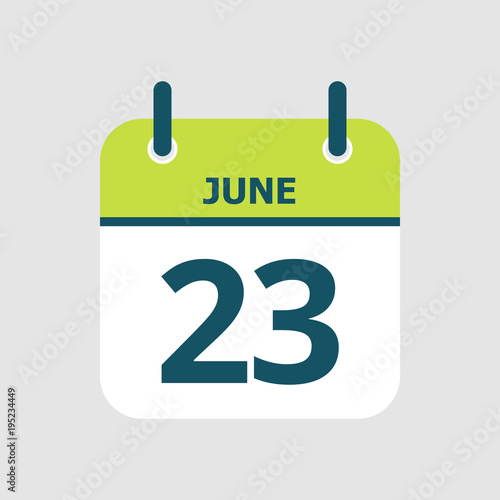 Flat icon calendar 23rd of June isolated on gray background. Vector illustration.