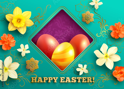 Easter greeting card with colored eggs and floral frame. Vector illustration.