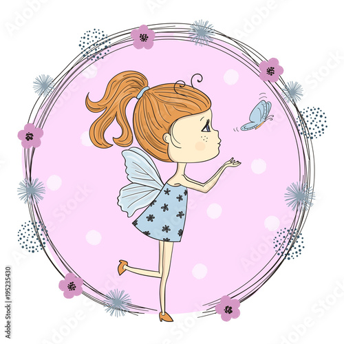 Cute little cartoon girl in a butterfly costume. Suitable for t-shirt print, poster, greeting card. Vector illustration.