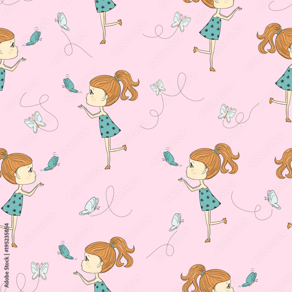 Seamless pattern with cute cartoon little girl and butterflies. Seamless pattern with cute cartoon little girl and butterflies.