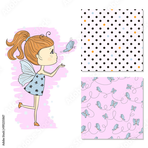 Cute little girl in a butterfly costume. Fashion print set with seamless patterns.