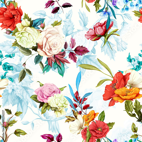 Poppy, wild rose, cornflowers, lily of the valley with leaves on pastel blue white. Seamless background pattern. Watercolor, hand drawn. Vector stock.